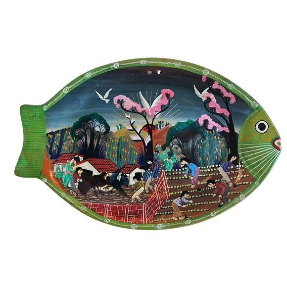 Terracotta Mexican Village Storytell Plate Folk Art Pottery Vintage Hand Paintd - Picture 1 of 7